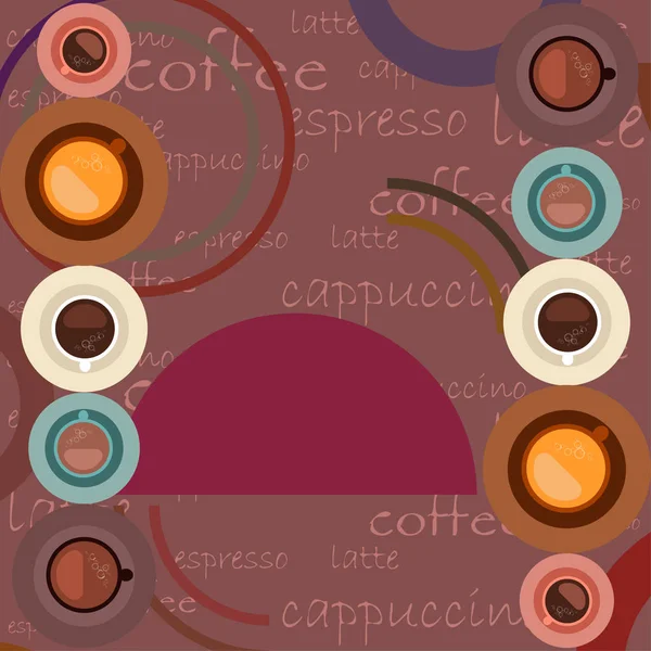 Fundo vetorial sobre um tema de café. Uma xícara de café fresco, moedor de café, imprensa francesa para cerveja. — Vetor de Stock