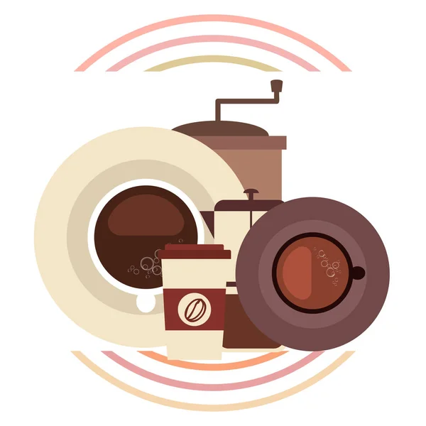 Vector background on a coffee theme. A cup of fresh coffee, Coffee grinder, French press for brewing. — Stock Vector