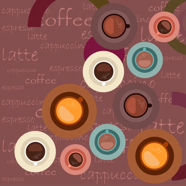 Fondo vectorial sobre un tema de café. Una taza de café fresco, molinillo de café, prensa francesa para la elaboración de cerveza. — Vector de stock