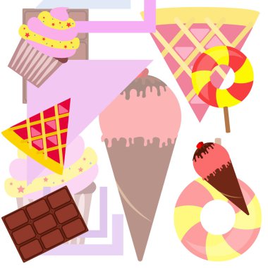 Çikolata, şeker, kek, pasta, dondurma, tatlı, soyut vektör çizim.