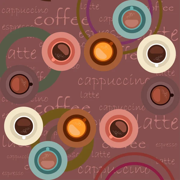 Fondo vectorial sobre un tema de café. Una taza de café fresco, molinillo de café, prensa francesa para la elaboración de cerveza. — Vector de stock