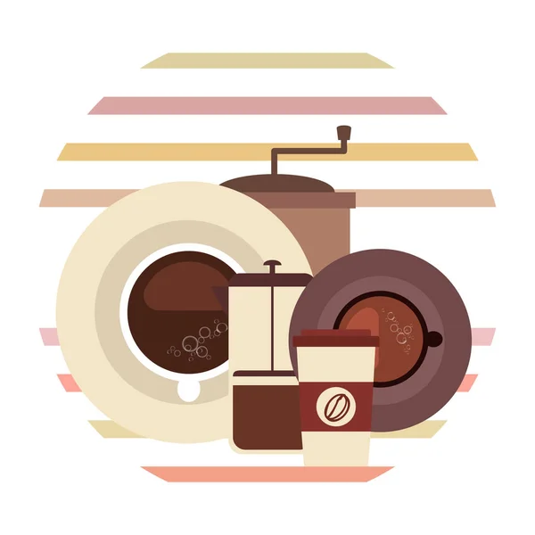 Fond vectoriel sur un thème de café. Une tasse de café frais, moulin à café, presse française pour le brassage. — Image vectorielle