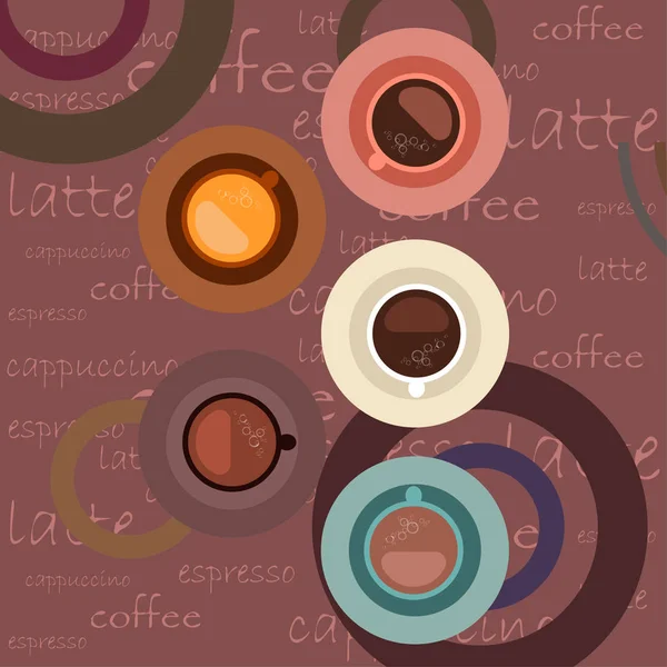 Fundo vetorial sobre um tema de café. Uma xícara de café fresco, moedor de café, imprensa francesa para cerveja. — Vetor de Stock