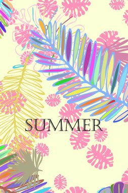 Tropik bitkilerin yaprakları. Renkli yaz kartpostalı, yaz tatili. Vektör arka planı.