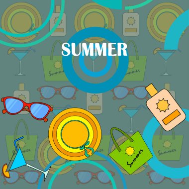 Sahil tatili. Güneş gözlüğü, şapka, plaj çantası, kokteyl, güneş kremi. Vektör arka planı.