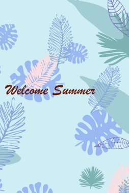 Tropik bitkilerin yaprakları. Renkli yaz kartpostalı, yaz tatili. Vektör arka planı.