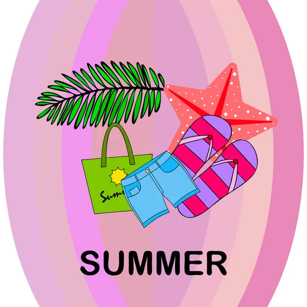 Καλοκαιρινές διακοπές. Τσάντα παραλίας, παντόφλες, σορτς, αστερία, τροπικό φύλλο. Διανυσματικό φόντο — Διανυσματικό Αρχείο