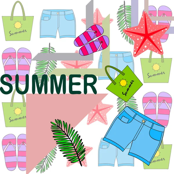 Zomervakantie. Strand tas, slippers, shorts, Starfish, tropische blad. Vector achtergrond — Stockvector