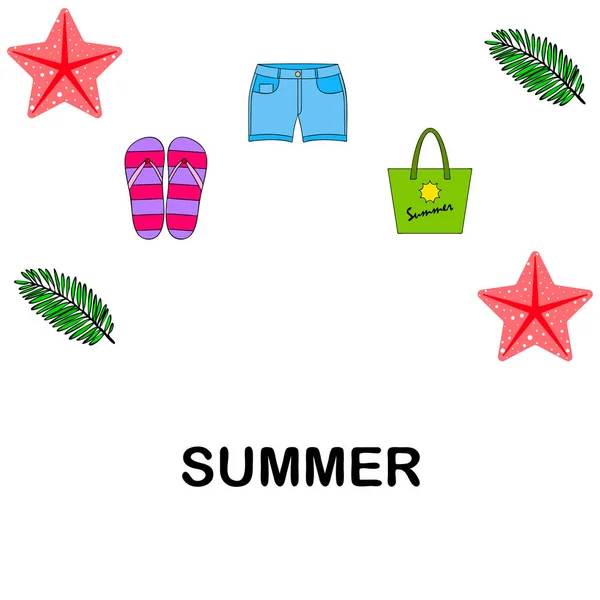 Férias. Saco de praia, chinelos, calções, estrelas do mar, lençóis tropicais. Fundo vetorial —  Vetores de Stock