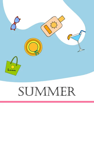 Vacaciones en playa. Gafas de sol, sombrero, bolso de playa, cóctel, protector solar. Fondo vectorial . — Archivo Imágenes Vectoriales