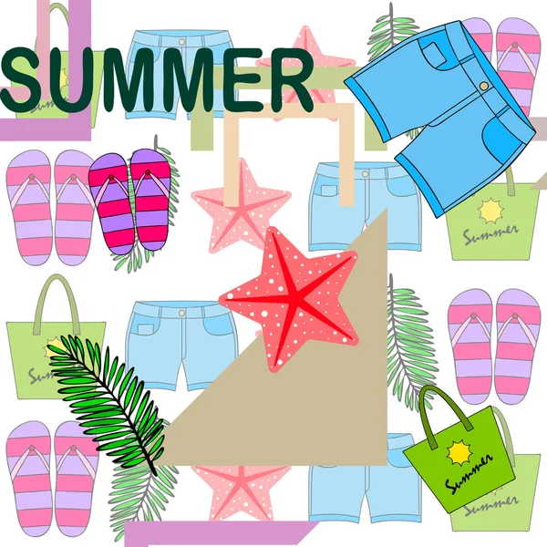 Zomervakantie. Strand tas, slippers, shorts, Starfish, tropische blad. Vector achtergrond — Stockvector