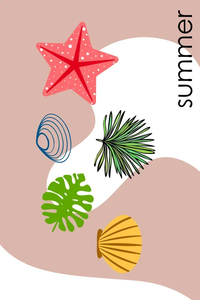 Descanso. Estrella de mar, concha marina, hojas de plantas tropicales. Fondo vectorial — Archivo Imágenes Vectoriales