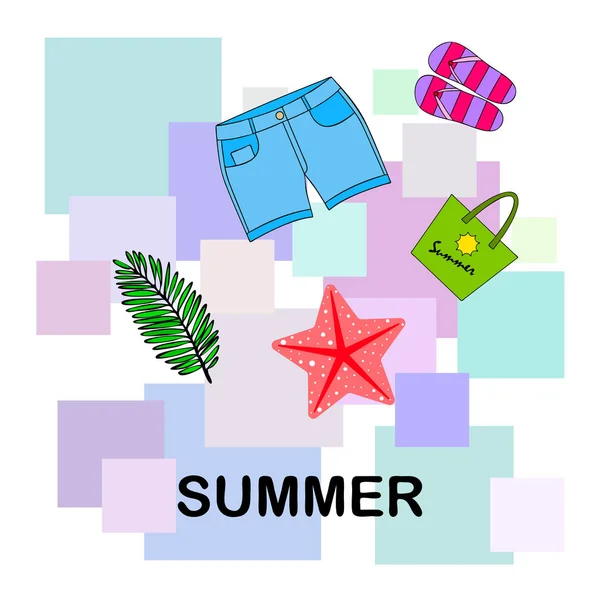 Vacaciones de verano. Bolsa de playa, zapatillas, pantalones cortos, estrellas de mar, sábana tropical. Fondo vectorial — Vector de stock