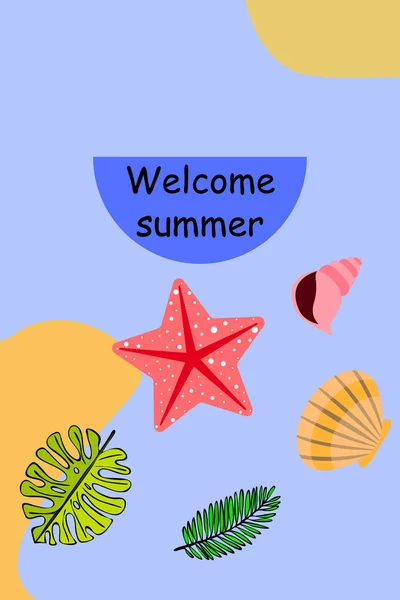 Odihnă de vară. Steaua de mare, scoica, frunze de plante tropicale. Fundal vectorial — Vector de stoc