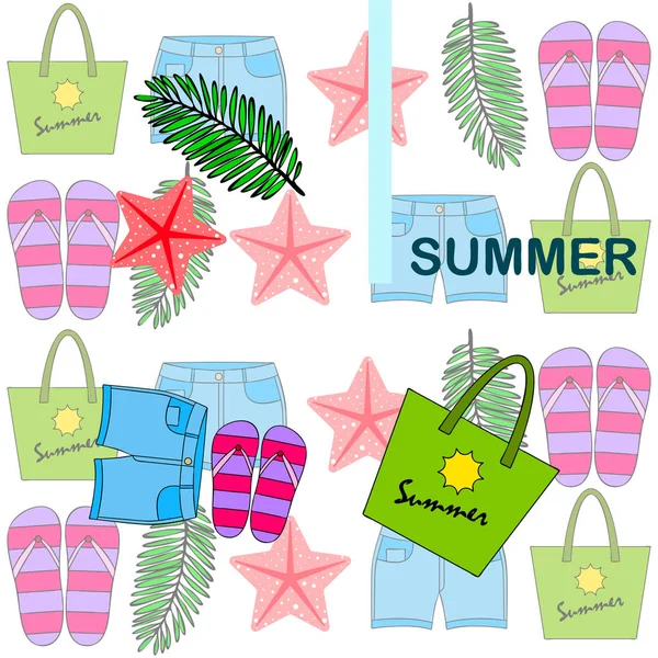 Vacaciones de verano. Bolsa de playa, zapatillas, pantalones cortos, estrellas de mar, sábana tropical. Fondo vectorial — Vector de stock