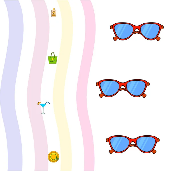 Пляжний відпочинок. Сонцезахисні окуляри, капелюх, пляжна сумка, коктейль, сонцезахисний крем. Векторний фон . — стоковий вектор