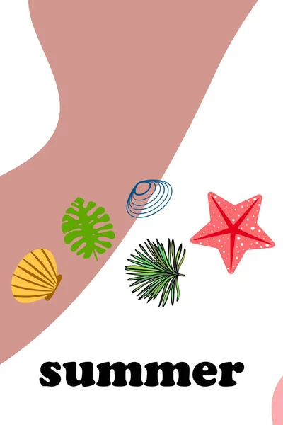 Repos d'été. Étoile de mer, coquillage, feuilles de plantes tropicales. Fond vectoriel — Image vectorielle