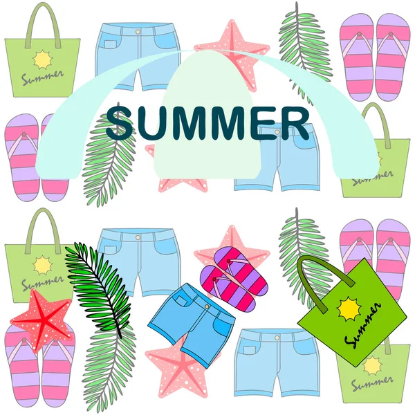 Vacaciones de verano. Bolsa de playa, zapatillas, pantalones cortos, estrellas de mar, sábana tropical. Fondo vectorial — Vector de stock