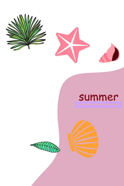 Zomer rust. Zeesterren, Seashell, bladeren van tropische planten. Vector achtergrond — Stockvector