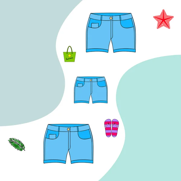 Sommerferien. Strandtasche, Hausschuhe, Shorts, Seesterne, tropisches Laken. Vektorhintergrund — Stockvektor