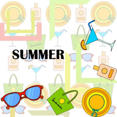 Sahil tatili. Güneş gözlüğü, şapka, plaj çantası, kokteyl, güneş kremi. Vektör arka planı.