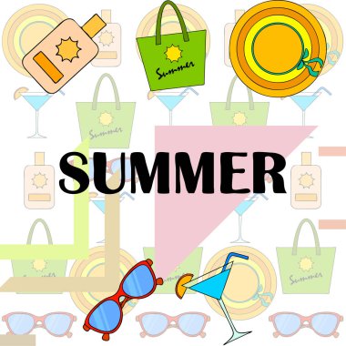 Sahil tatili. Güneş gözlüğü, şapka, plaj çantası, kokteyl, güneş kremi. Vektör arka planı.