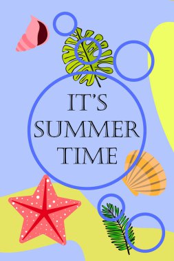 Yaz istirahati. Denizyıldızı, deniz kabuğu, tropik bitkilerin yaprakları. Vektör arka planı