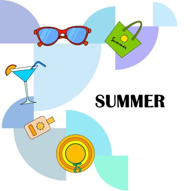 Sahil tatili. Güneş gözlüğü, şapka, plaj çantası, kokteyl, güneş kremi. Vektör arka planı.