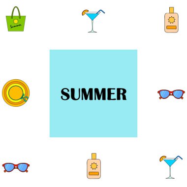 Sahil tatili. Güneş gözlüğü, şapka, plaj çantası, kokteyl, güneş kremi. Vektör arka planı.