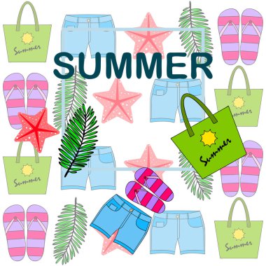 Yaz tatili. Plaj çantası, terlik, şort, denizyıldızı, tropik çarşaf. Vektör arka planı