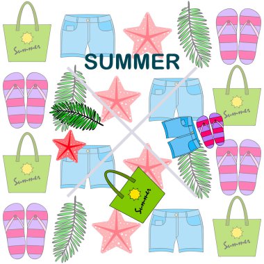 Yaz tatili. Plaj çantası, terlik, şort, denizyıldızı, tropik çarşaf. Vektör arka planı