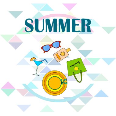 Sahil tatili. Güneş gözlüğü, şapka, plaj çantası, kokteyl, güneş kremi. Vektör arka planı.