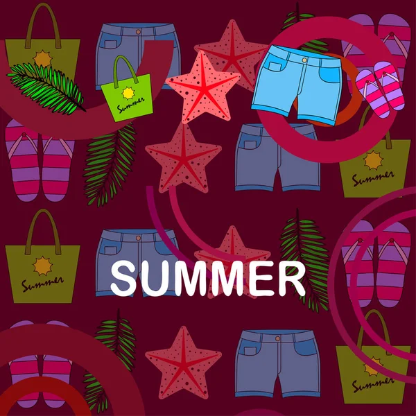 Vacaciones de verano. Bolsa de playa, zapatillas, pantalones cortos, estrellas de mar, sábana tropical. Fondo vectorial — Archivo Imágenes Vectoriales