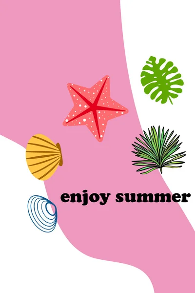 Summer Rest Starfish Seashell Leaves Tropical Plants Vector Background — Stock Vector