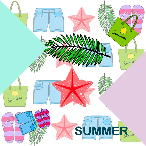 Vacaciones de verano. Bolsa de playa, zapatillas, pantalones cortos, estrellas de mar, sábana tropical. Fondo vectorial — Vector de stock