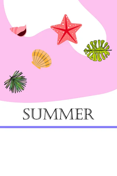 Zomer rust. Zeesterren, Seashell, bladeren van tropische planten. Vector achtergrond — Stockvector