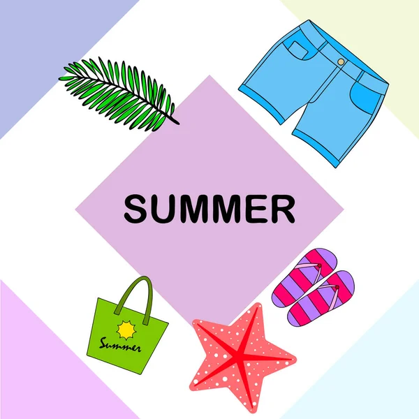 Vacances d'été. Sac de plage, pantoufles, shorts, étoiles de mer, drap tropical. Fond vectoriel — Image vectorielle