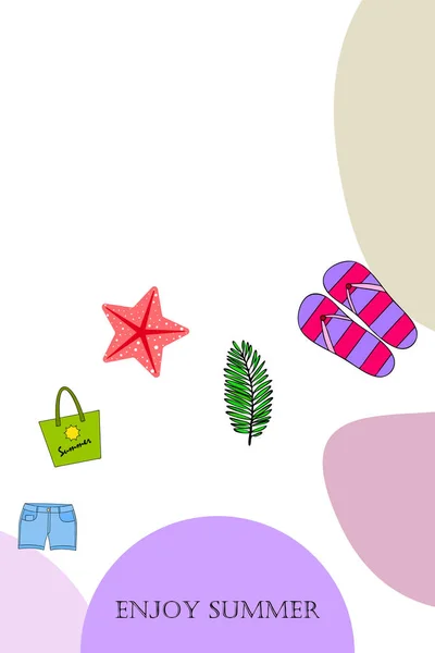 Summer vacation. Beach bag, slippers, shorts, starfish, tropical sheet. Vector background — Stock Vector