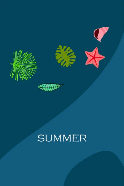 Summer Rest Starfish Seashell Leaves Tropical Plants Vector Background — Stock Vector