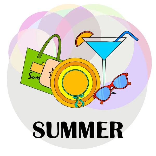 Strandvakantie. Zonnebril, hoed, strandtas, cocktail, zonnebrandcrème. Vector achtergrond. — Stockvector