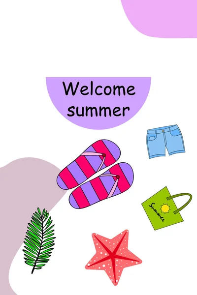 Zomervakantie. Strand tas, slippers, shorts, Starfish, tropische blad. Vector achtergrond — Stockvector