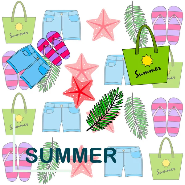 Vacaciones de verano. Bolsa de playa, zapatillas, pantalones cortos, estrellas de mar, sábana tropical. Fondo vectorial — Vector de stock