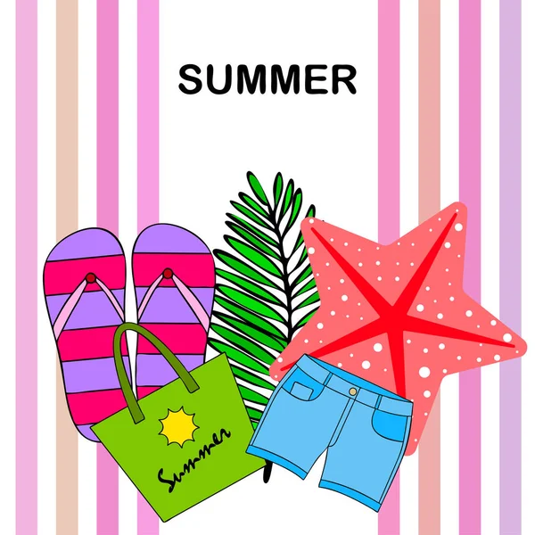 Zomervakantie. Strand tas, slippers, shorts, Starfish, tropische blad. Vector achtergrond — Stockvector