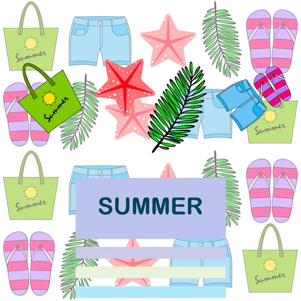 Zomervakantie. Strand tas, slippers, shorts, Starfish, tropische blad. Vector achtergrond — Stockvector