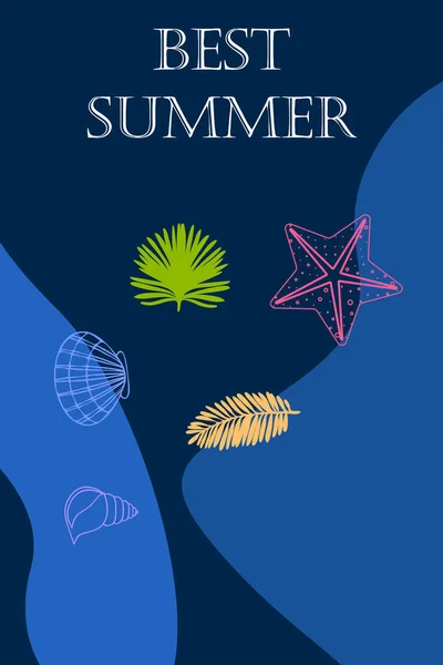 V létě odpočívej. Starfish, seašell, listy tropických rostlin. Vektorové pozadí — Stockový vektor