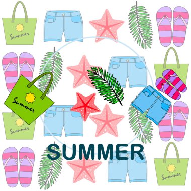 Yaz tatili. Plaj çantası, terlik, şort, denizyıldızı, tropik çarşaf. Vektör arka planı