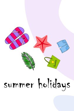 Yaz tatili. Plaj çantası, terlik, şort, denizyıldızı, tropik çarşaf. Vektör arka planı