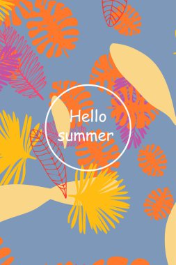 Tropik bitkilerin yaprakları. Renkli yaz kartpostalı, yaz tatili. Vektör arka planı.