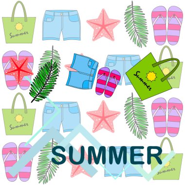 Yaz tatili. Plaj çantası, terlik, şort, denizyıldızı, tropik çarşaf. Vektör arka planı