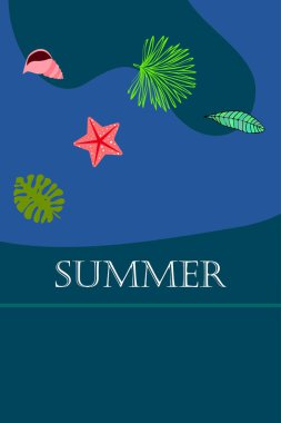 Yaz istirahati. Denizyıldızı, deniz kabuğu, tropik bitkilerin yaprakları. Vektör arka planı